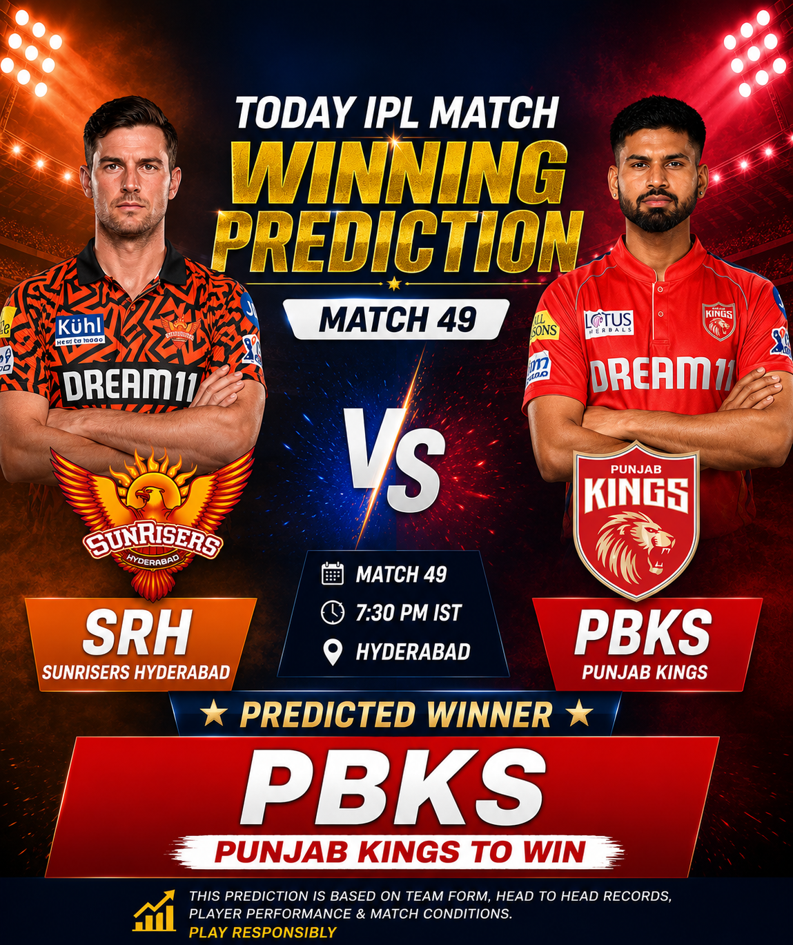 Today IPL Match Winning Prediction – SRH vs PBKS Match 49 Winner